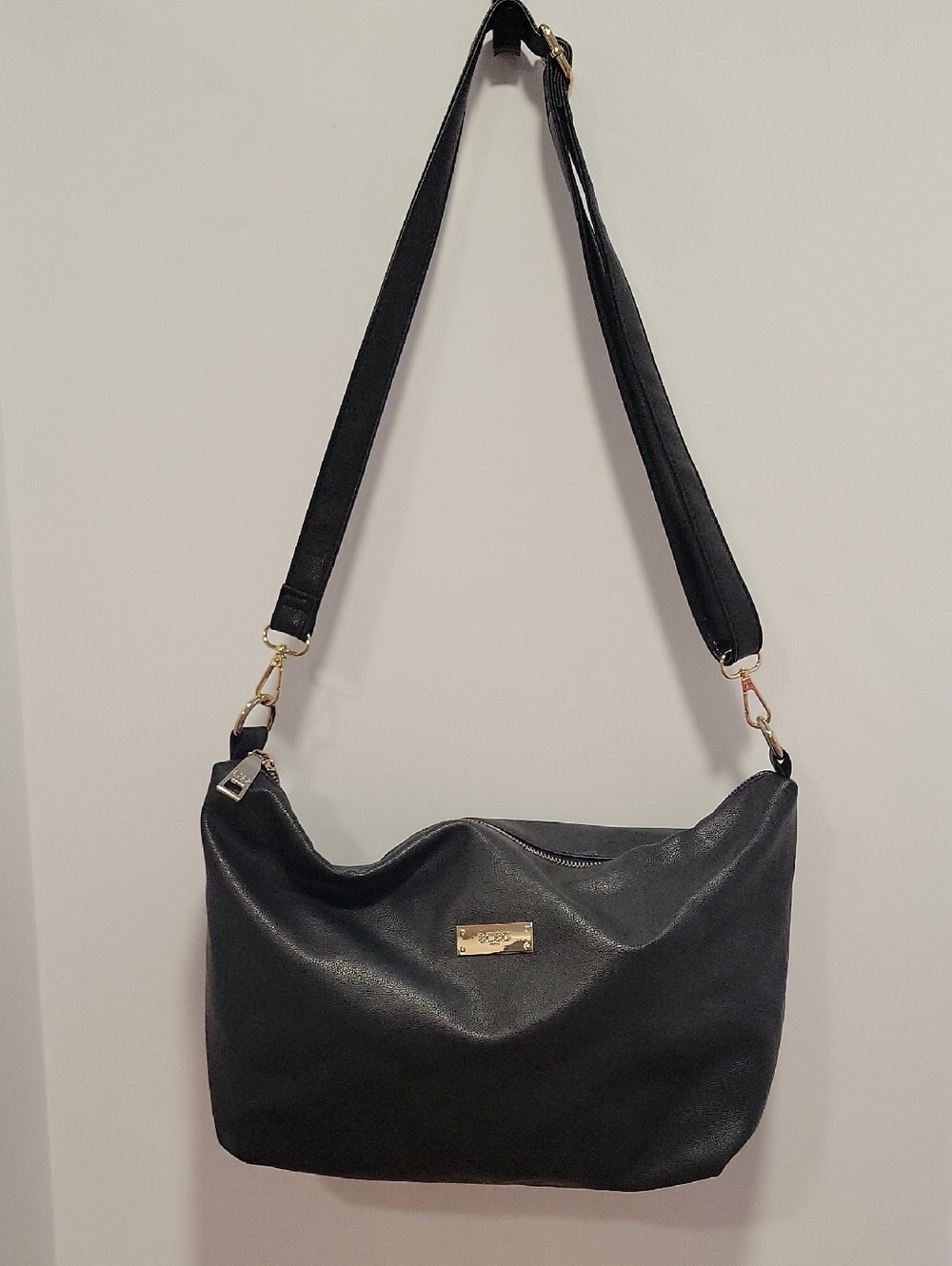 BCBG Black Purse with Gold Toned Zipper and Adjustable Strap